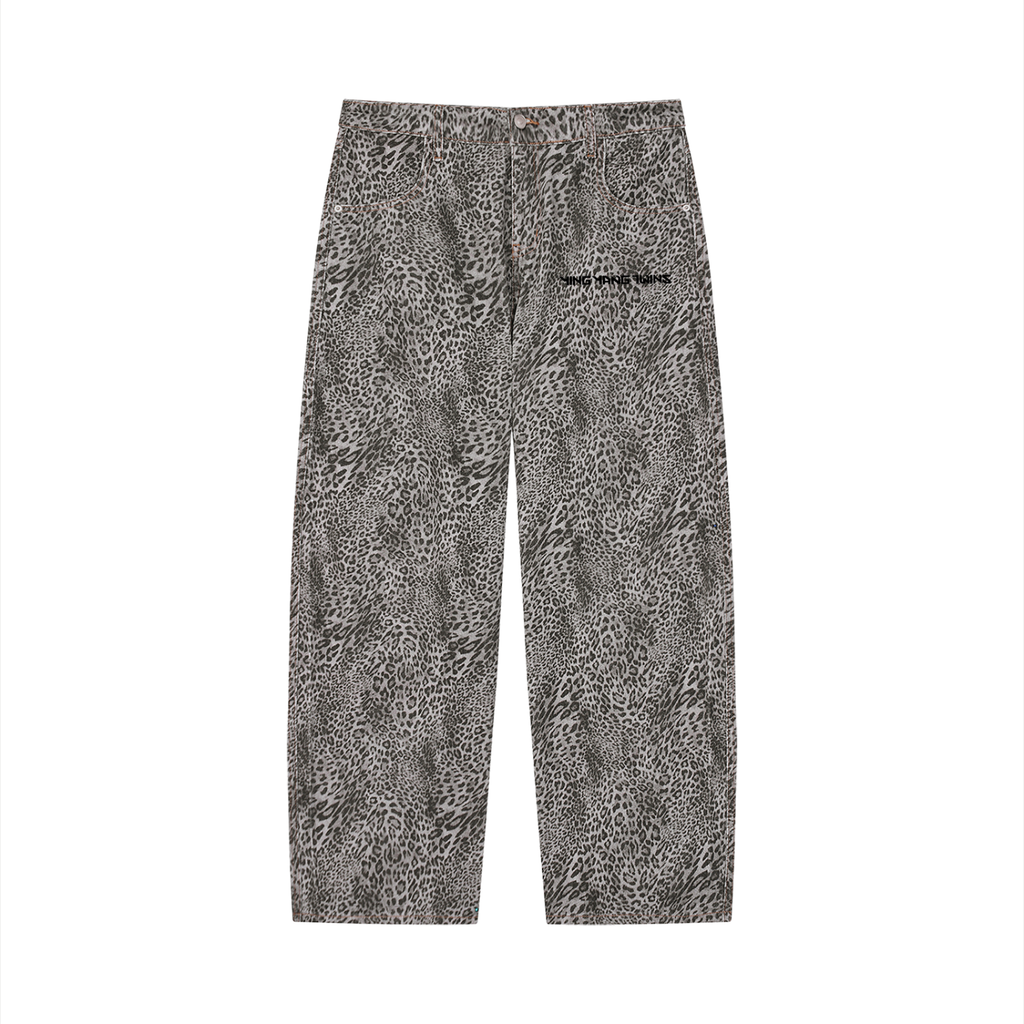 Unisex Vintage Wash Leopard Wide Leg Jeans