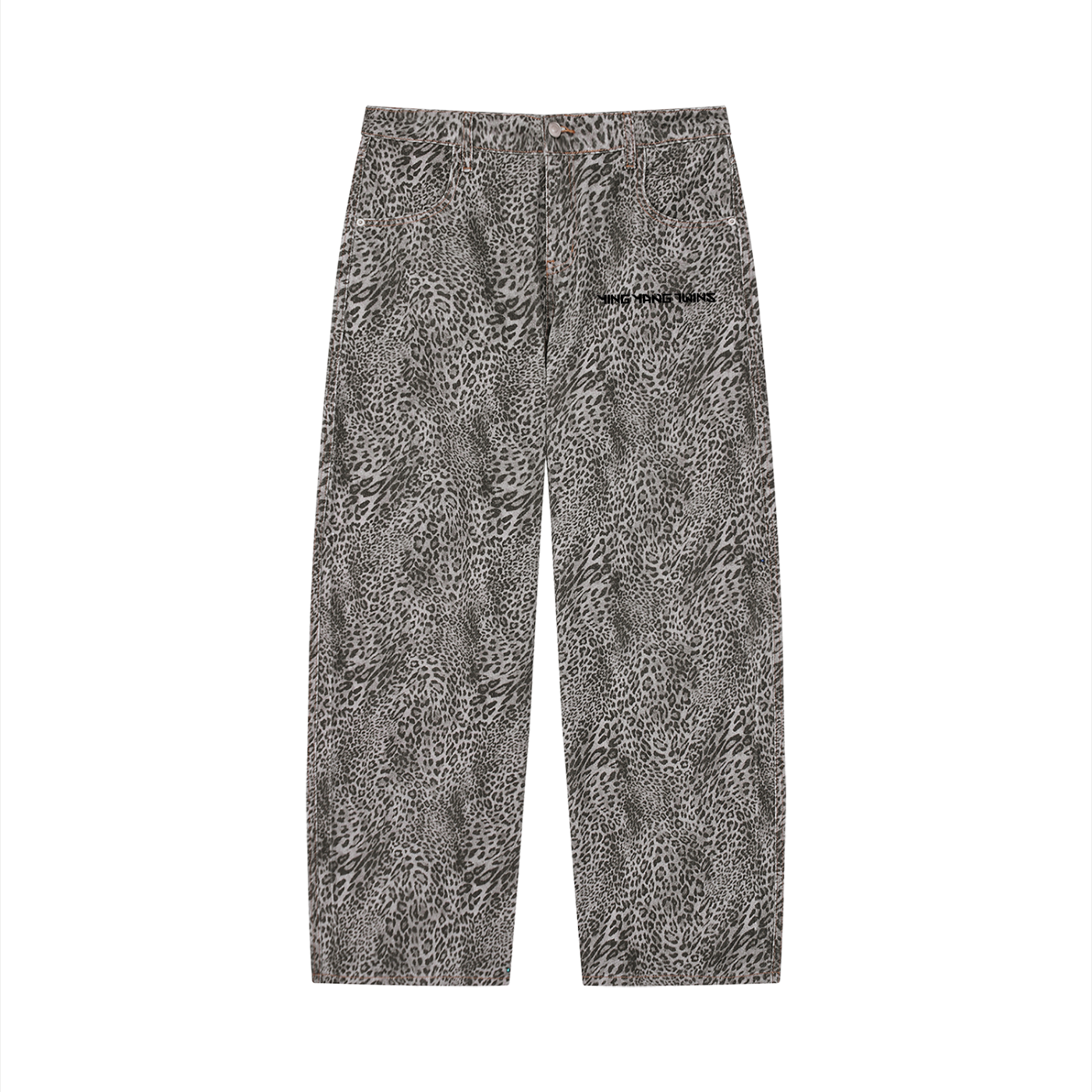 Unisex Vintage Wash Leopard Wide Leg Jeans