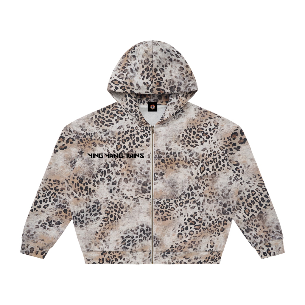 Unisex Vintage Wash Leopard Full Zip Hoodie